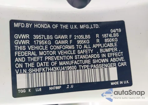 2019 Honda Civic Sport z USA, uszkodzony, nr VIN SHHFK7H43KU419600